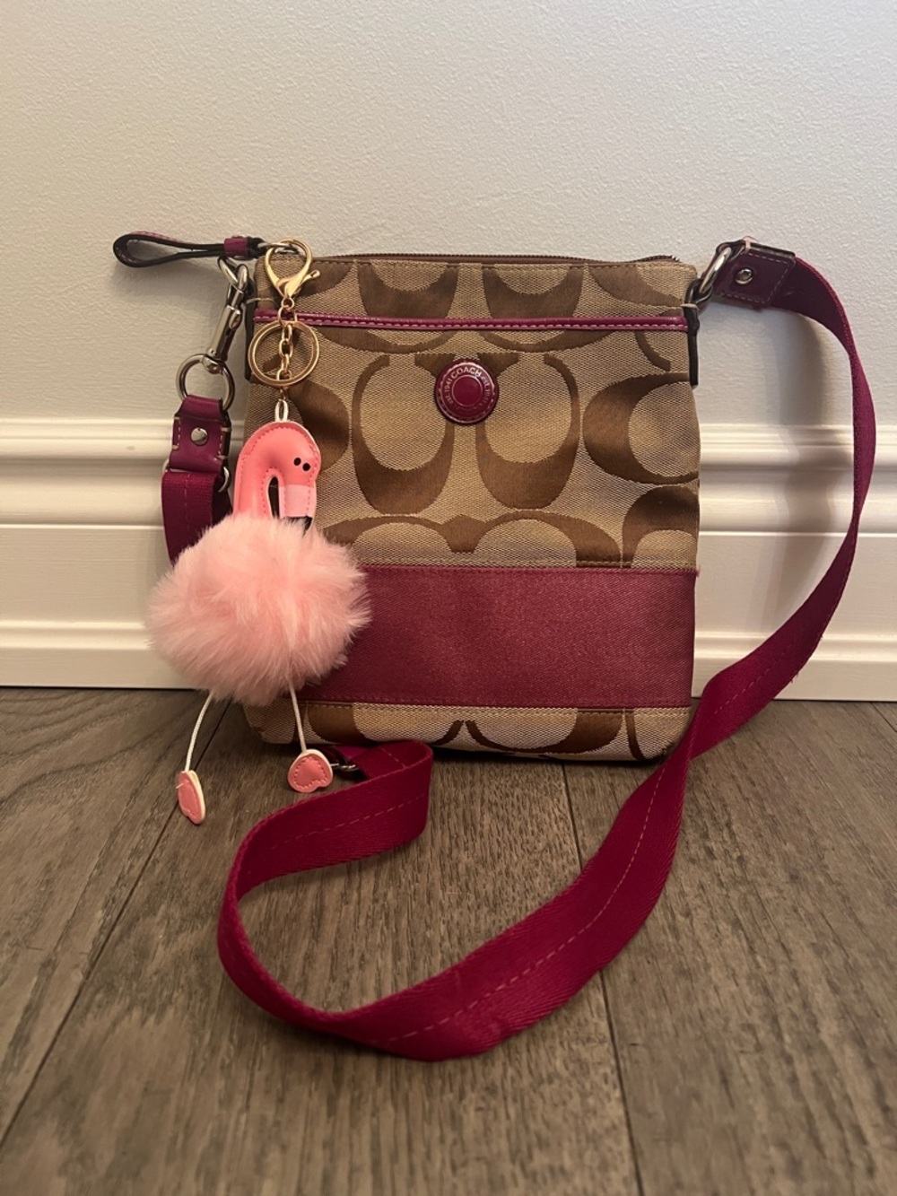 Coach Brown Signature Crossbody with Pink Trim and Pom Charm